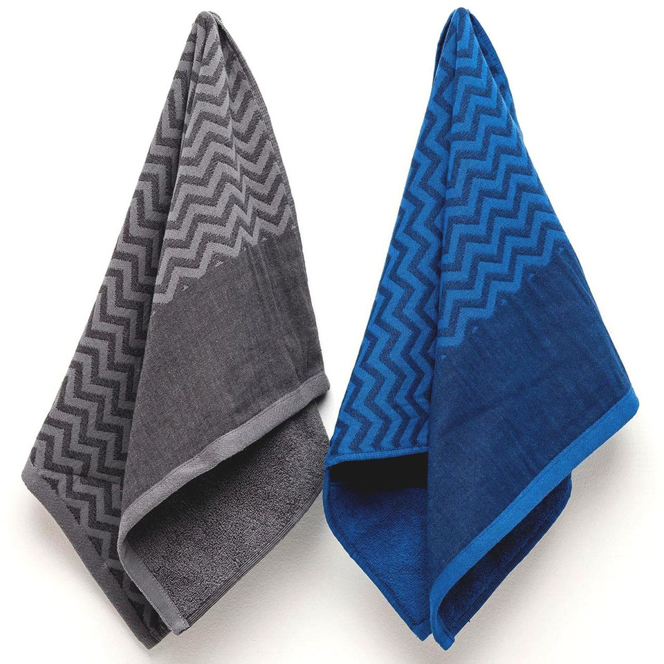 Charcoal grey and royal blue gym towels with zigzag pattern panels and contrast borders featuring zippered pockets