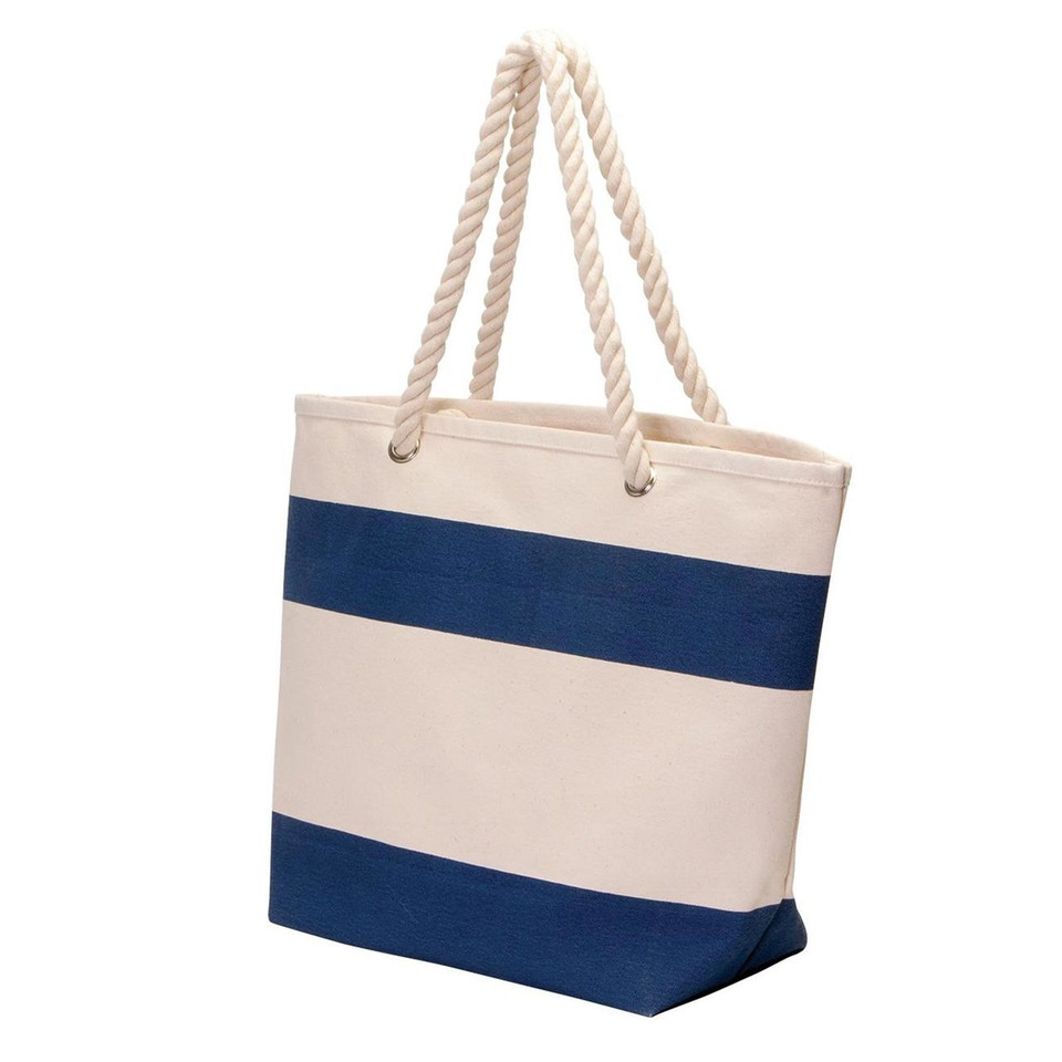 Natural canvas tote bag with navy blue horizontal stripes and twisted rope handles