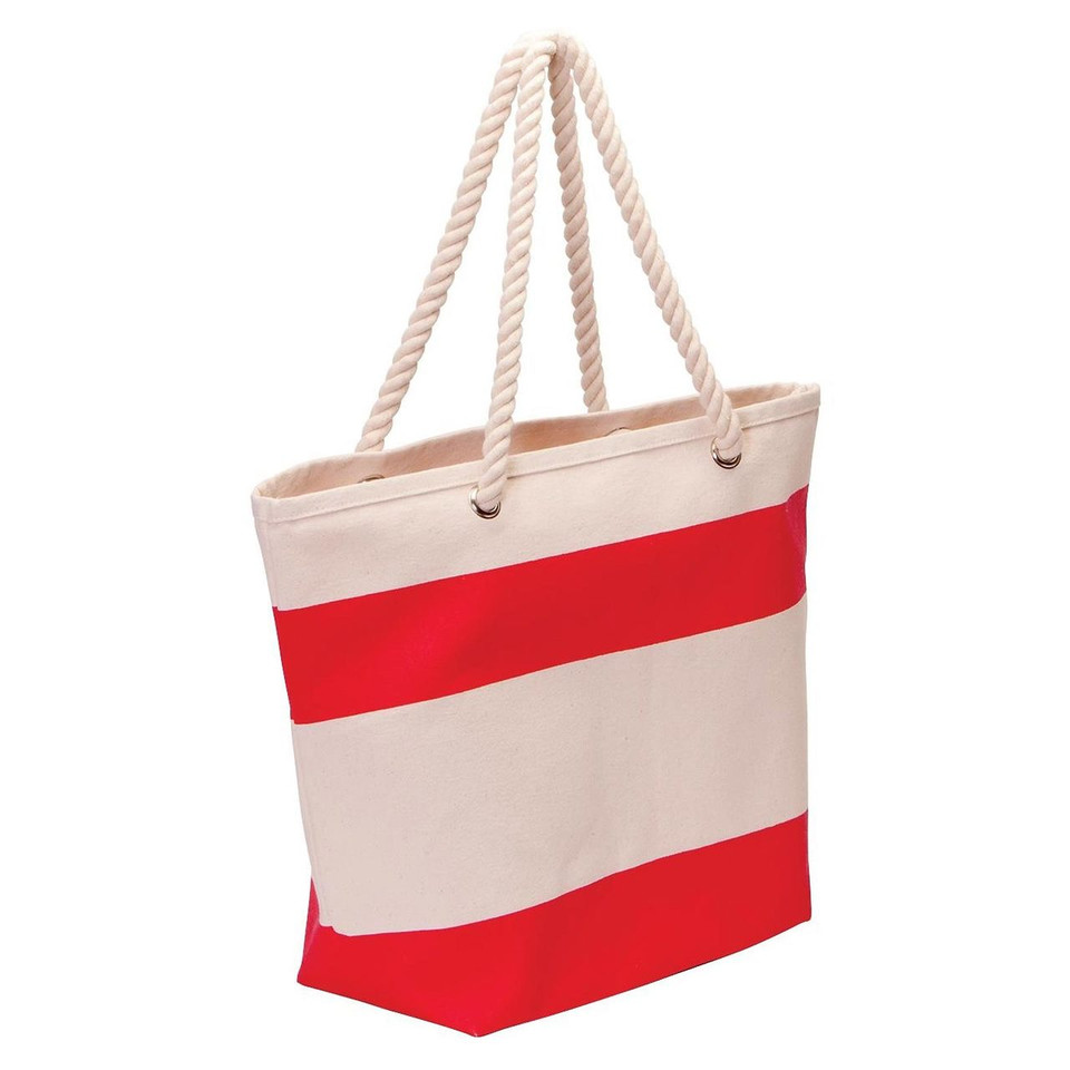 Natural and red wide-stripe cotton canvas tote bag with twisted rope handles and metal eyelets
