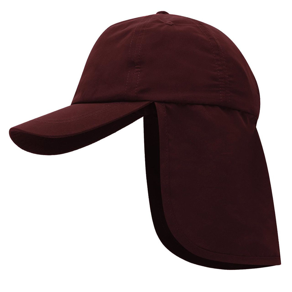 Maroon microfibre legionnaire cap with curved peak and back neck flap for sun protection