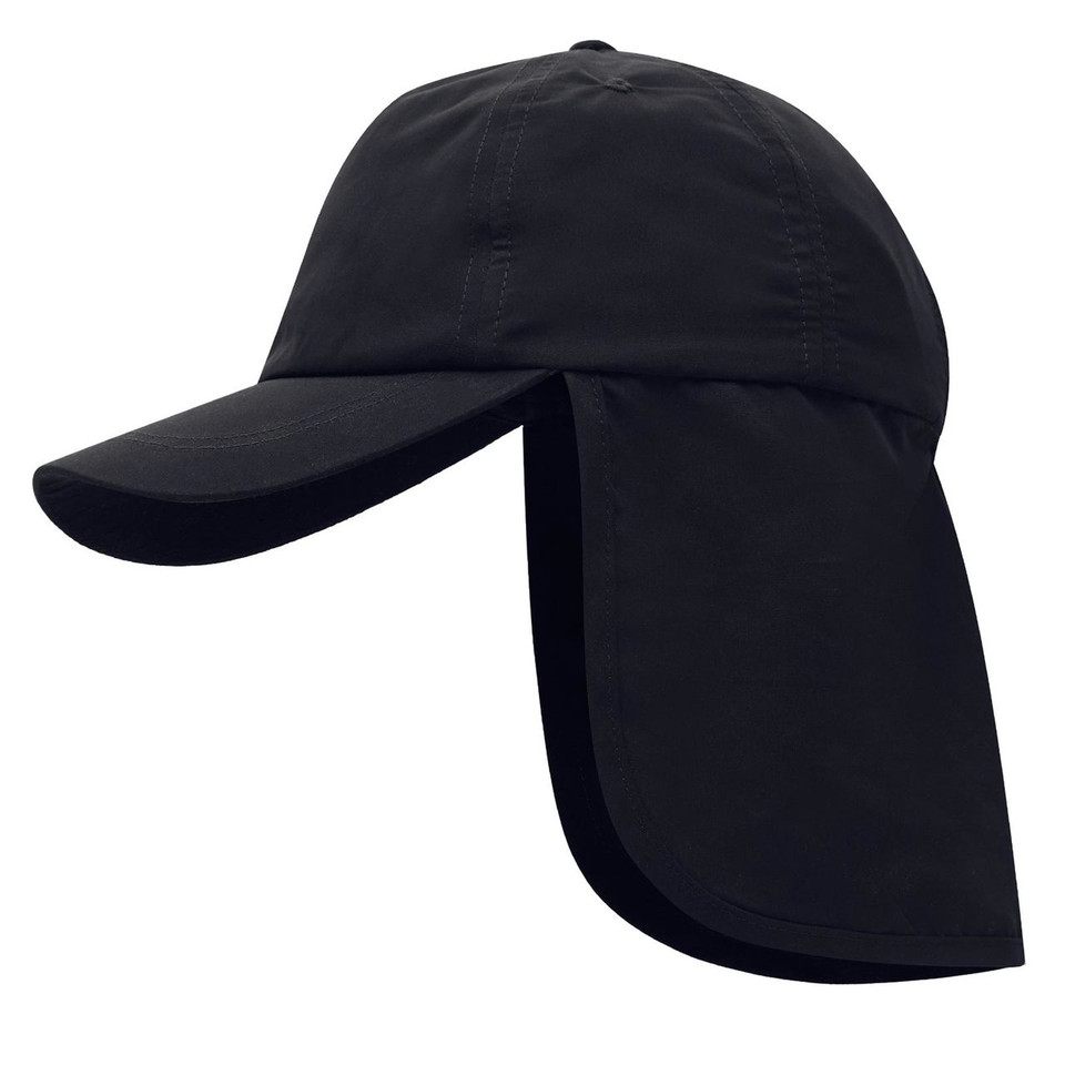 Black microfibre legionnaire cap with curved peak and extended neck flap for sun protection