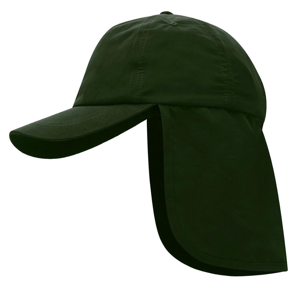 Forest green microfibre legionnaire cap with curved peak and extended neck flap for sun protection
