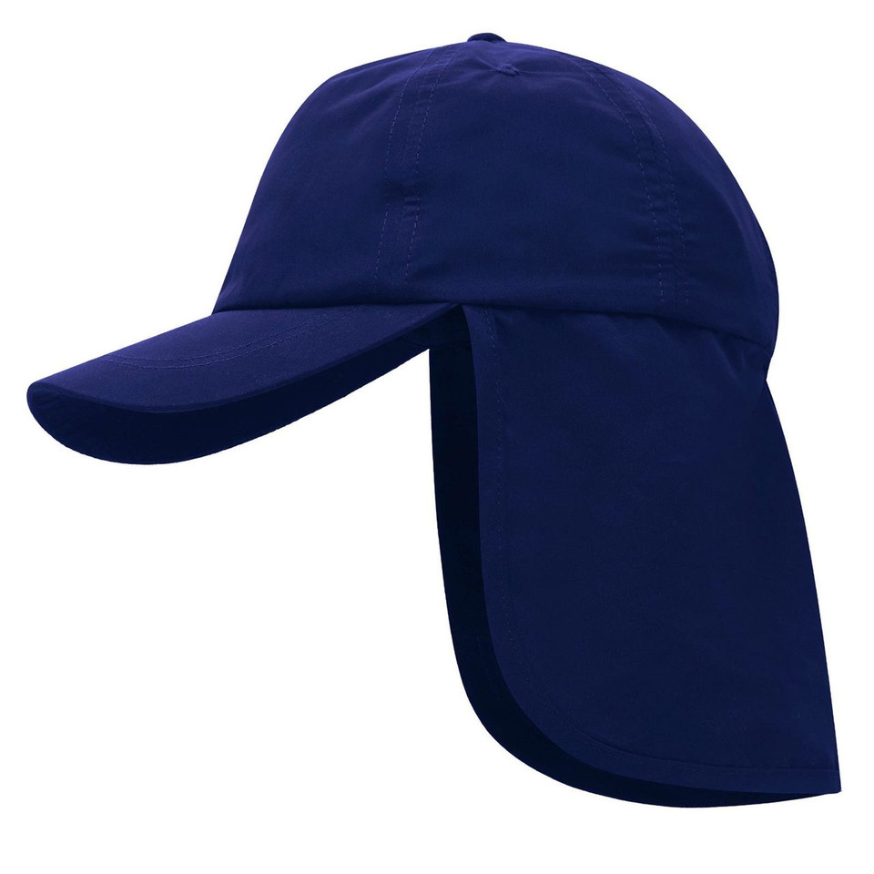 Navy microfibre legionnaire cap with curved peak and back neck flap for sun protection