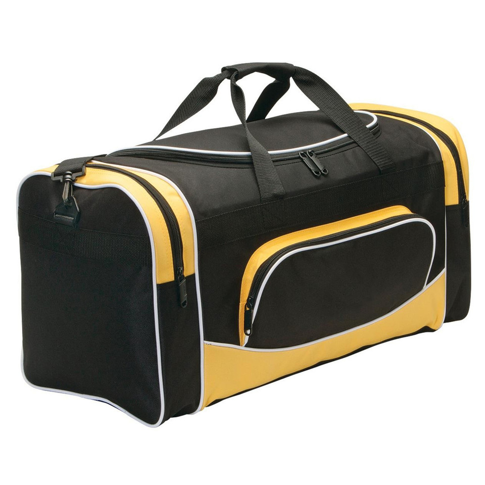 Black sports duffel bag with gold contrast panels, white piping trim, and dual carry handles