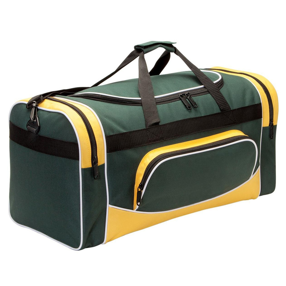 Large duffle bag in bottle green, gold and white contrast panels with black trim, zip pockets and carry handles