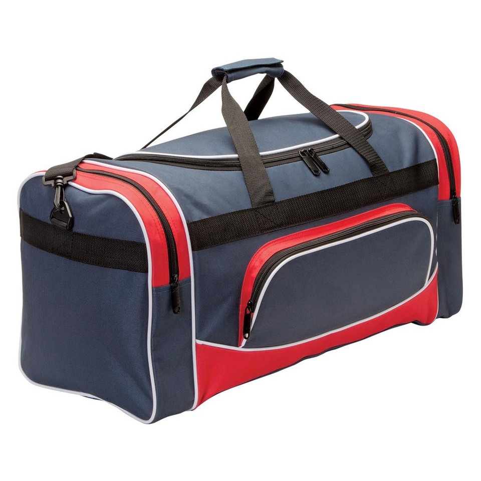 Navy sports bag with red and white contrast trim, dual handles and front zippered pocket