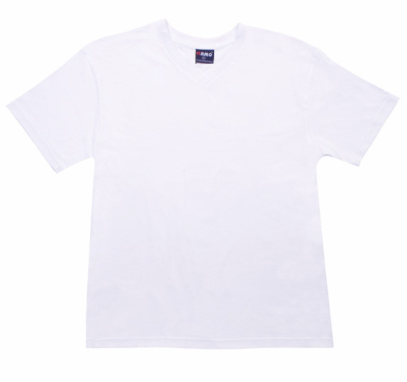 White v-neck t-shirt with slim fit silhouette and short sleeves laid flat on white background