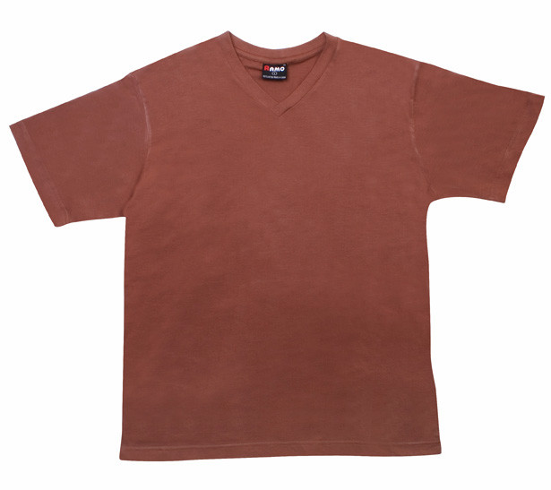 Terracotta v-neck t-shirt with short sleeves and slim fit silhouette on white background