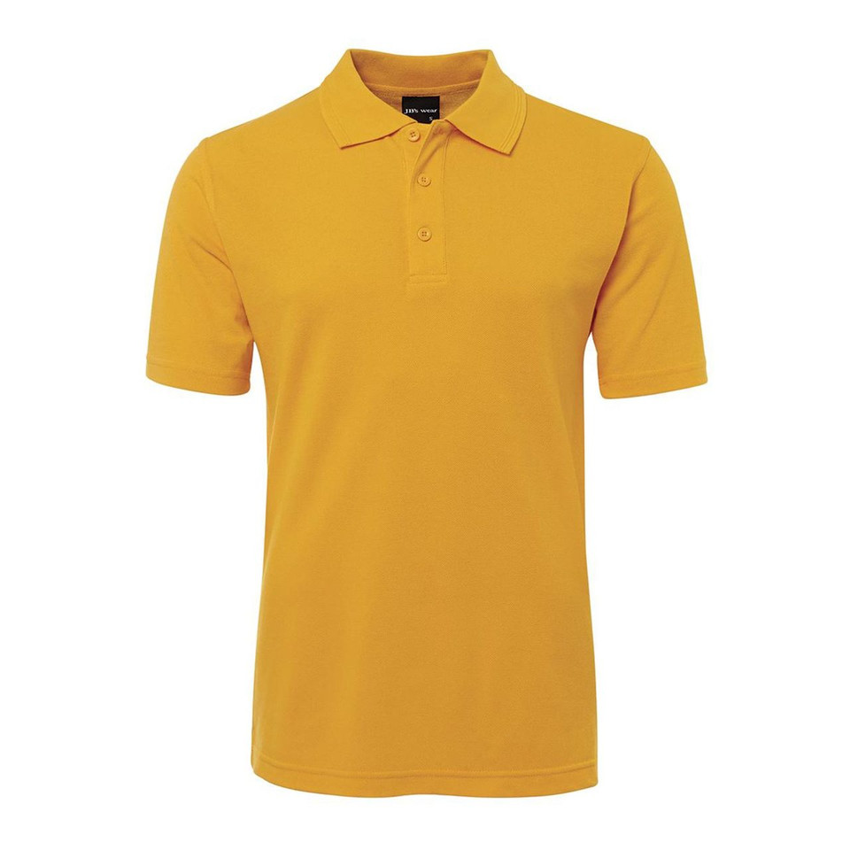Golden yellow poly-cotton polo shirt with collar and button placket on white background