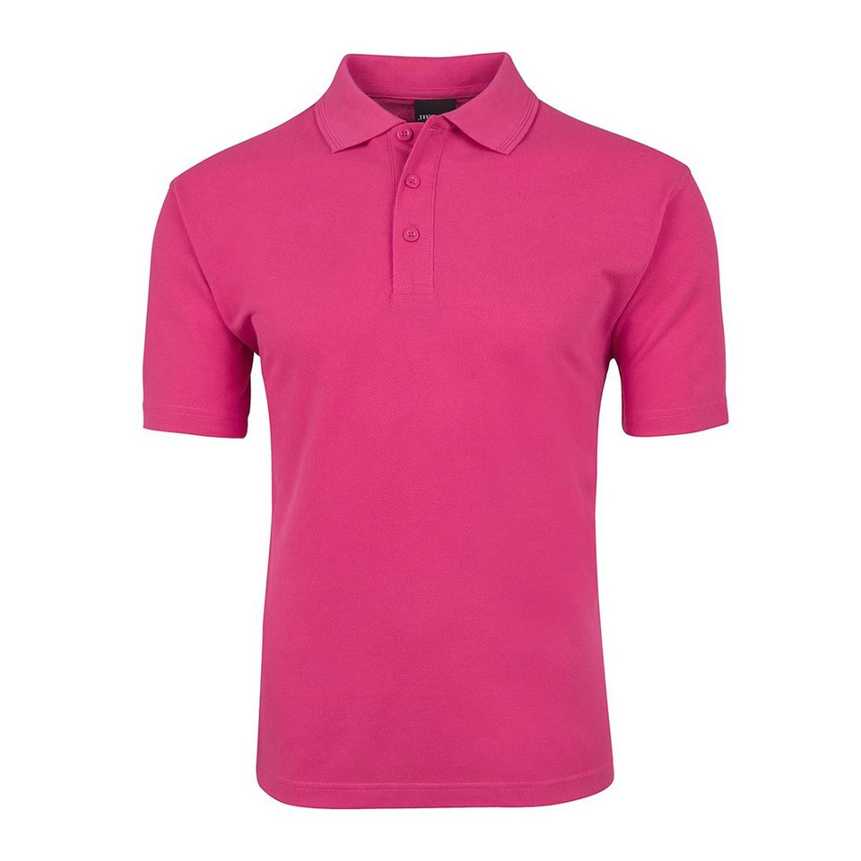Hot pink polo shirt with collar and three-button placket in matching colour