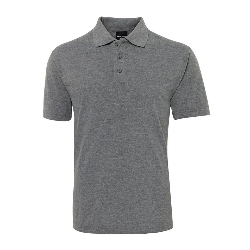 Charcoal grey polo shirt with flat knit collar and three-button placket