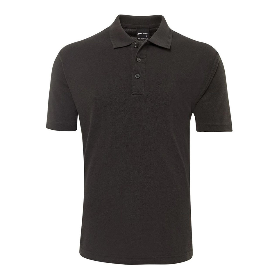 Charcoal short sleeve polo shirt with three-button placket and ribbed collar, flat lay packshot