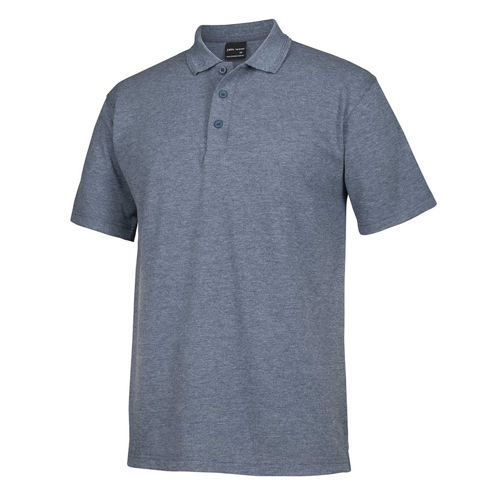 Steel blue marle short sleeve polo shirt with three-button placket and ribbed collar, flat lay packshot