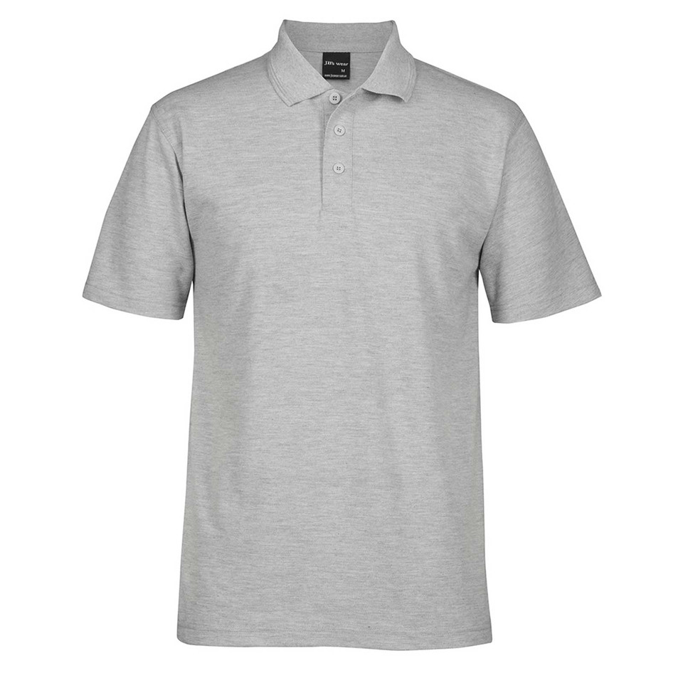 Silver marle short sleeve polo shirt with three-button placket and ribbed collar, flat lay packshot