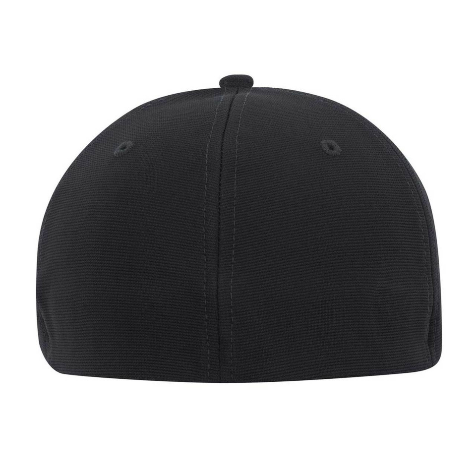 Black ottoman-texture fitted cap rear view, smooth structured crown with ventilation eyelets