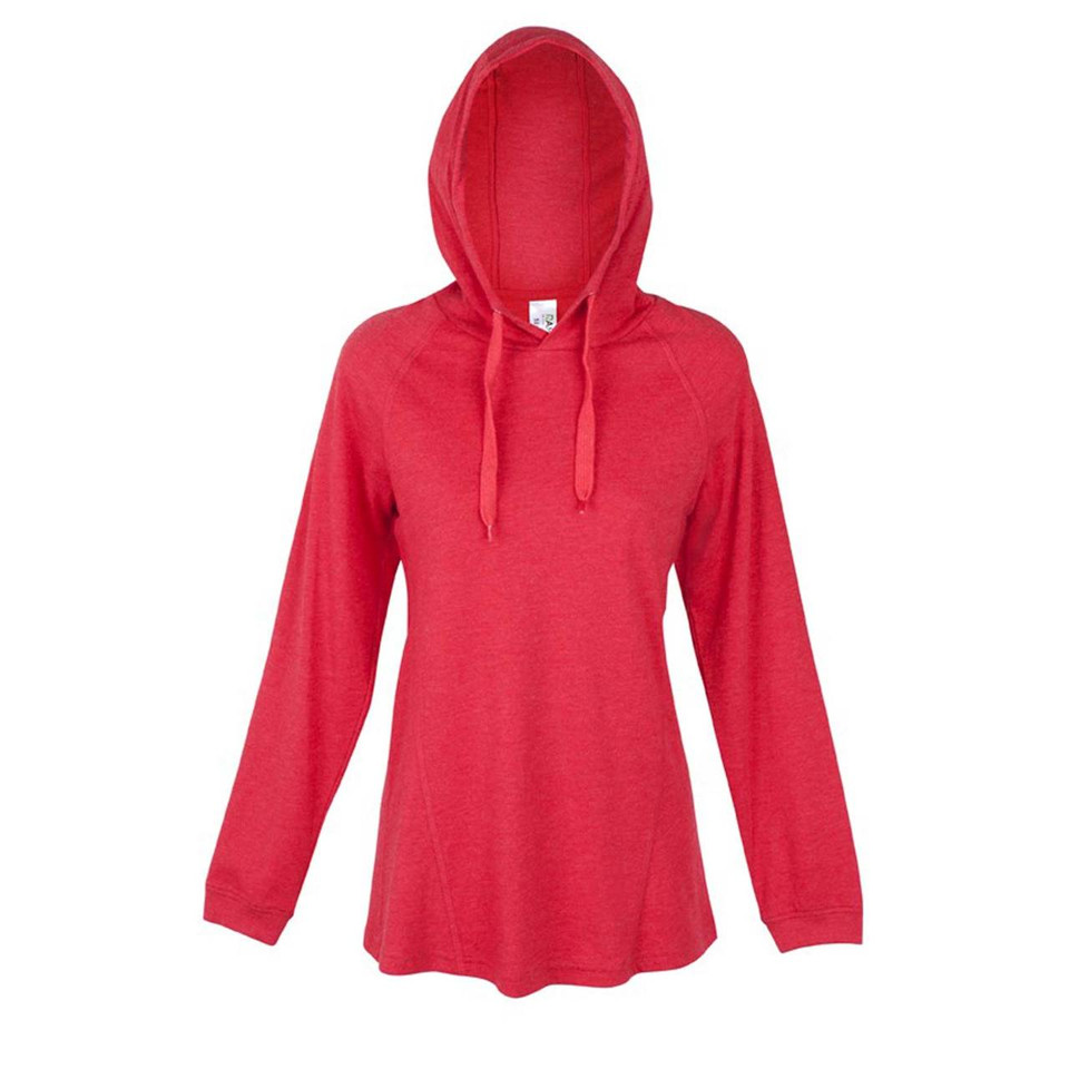 Coral pink long sleeve hooded t-shirt with drawstring hood and relaxed fit