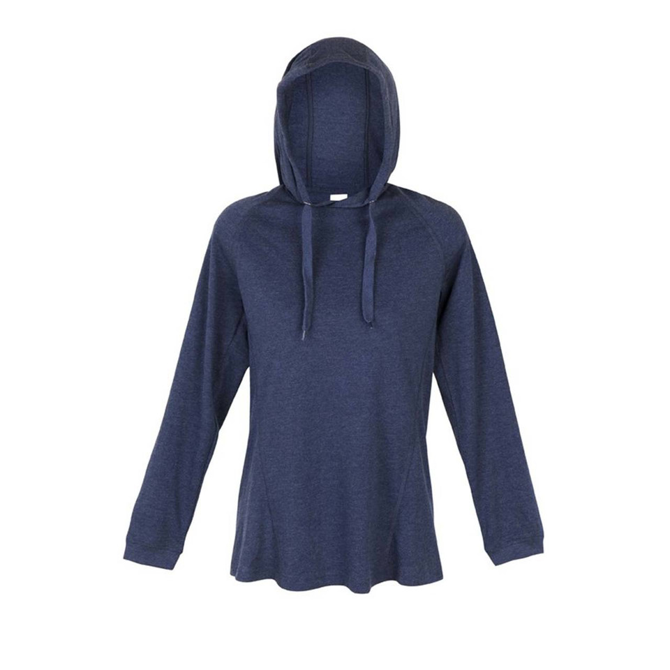 Navy blue long sleeve hooded t-shirt with drawstring hood and relaxed fit