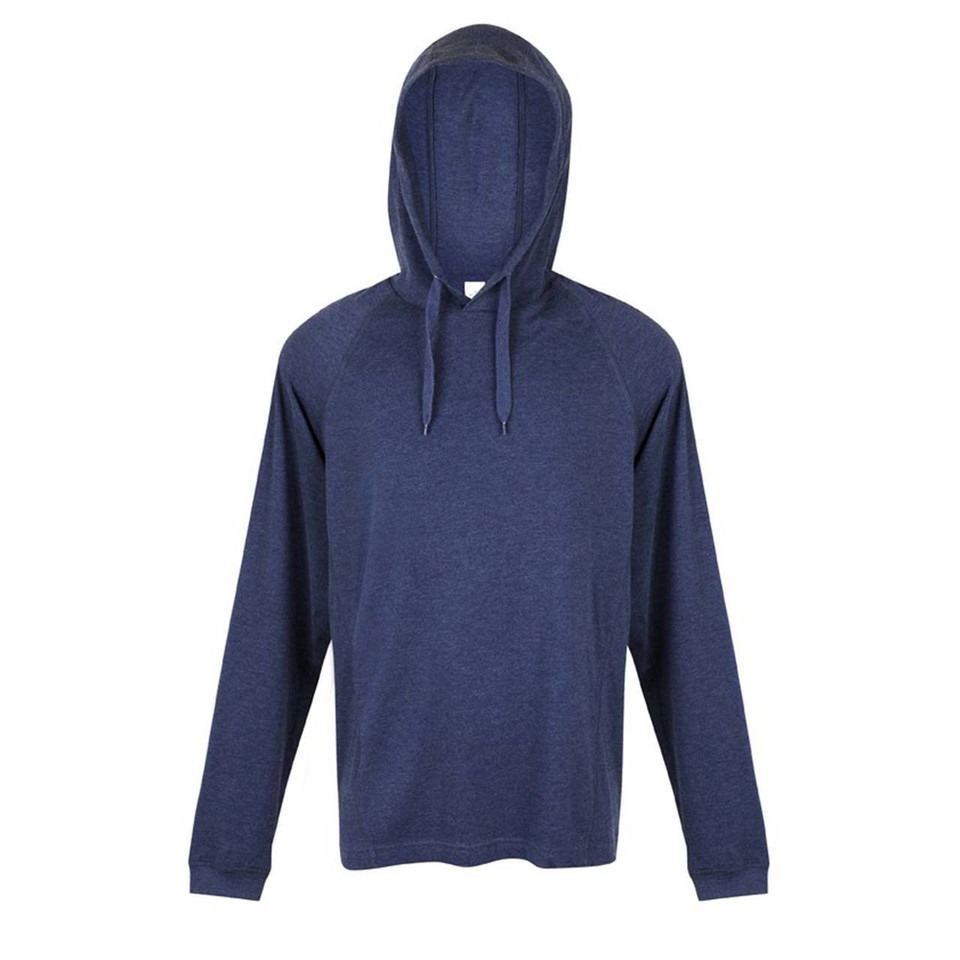 Navy marle long sleeve hooded tee with drawcord and kangaroo pocket opening