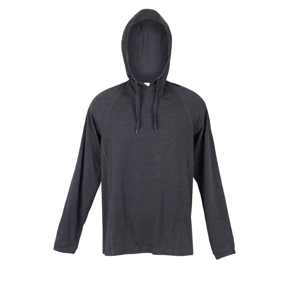 Charcoal grey long sleeve hooded t-shirt with drawstring hood and raglan sleeves