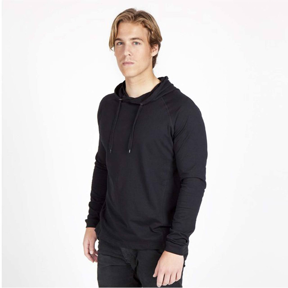 Black long sleeve hooded tee with matching drawcords and kangaroo pocket