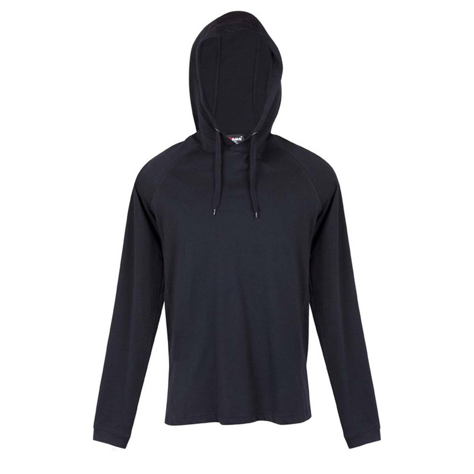 Charcoal long sleeve hooded t-shirt with matching drawcords on plain background
