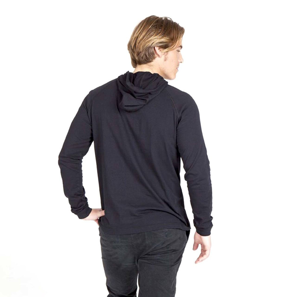 Back view of man wearing charcoal grey long sleeve hooded t-shirt with smooth flat panels ideal for decoration