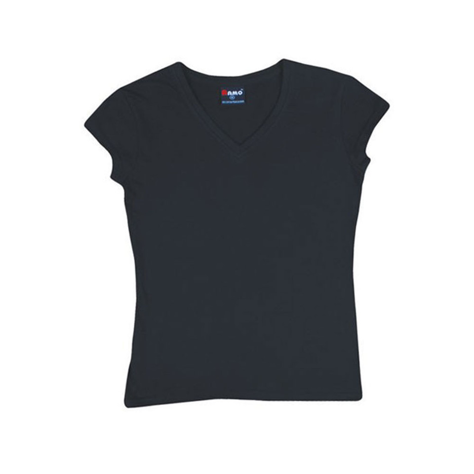 Black Plain Beth women's slim-fit V-neck T-shirt, made from 100% soft combed cotton, perfect for bulk custom printing and casual wear.
