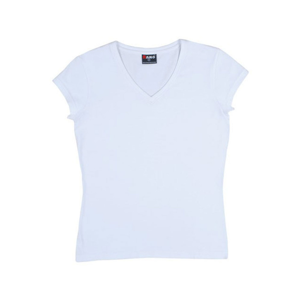 White women's v-neck t-shirt with short sleeves and fitted silhouette, smooth cotton fabric ideal for decoration