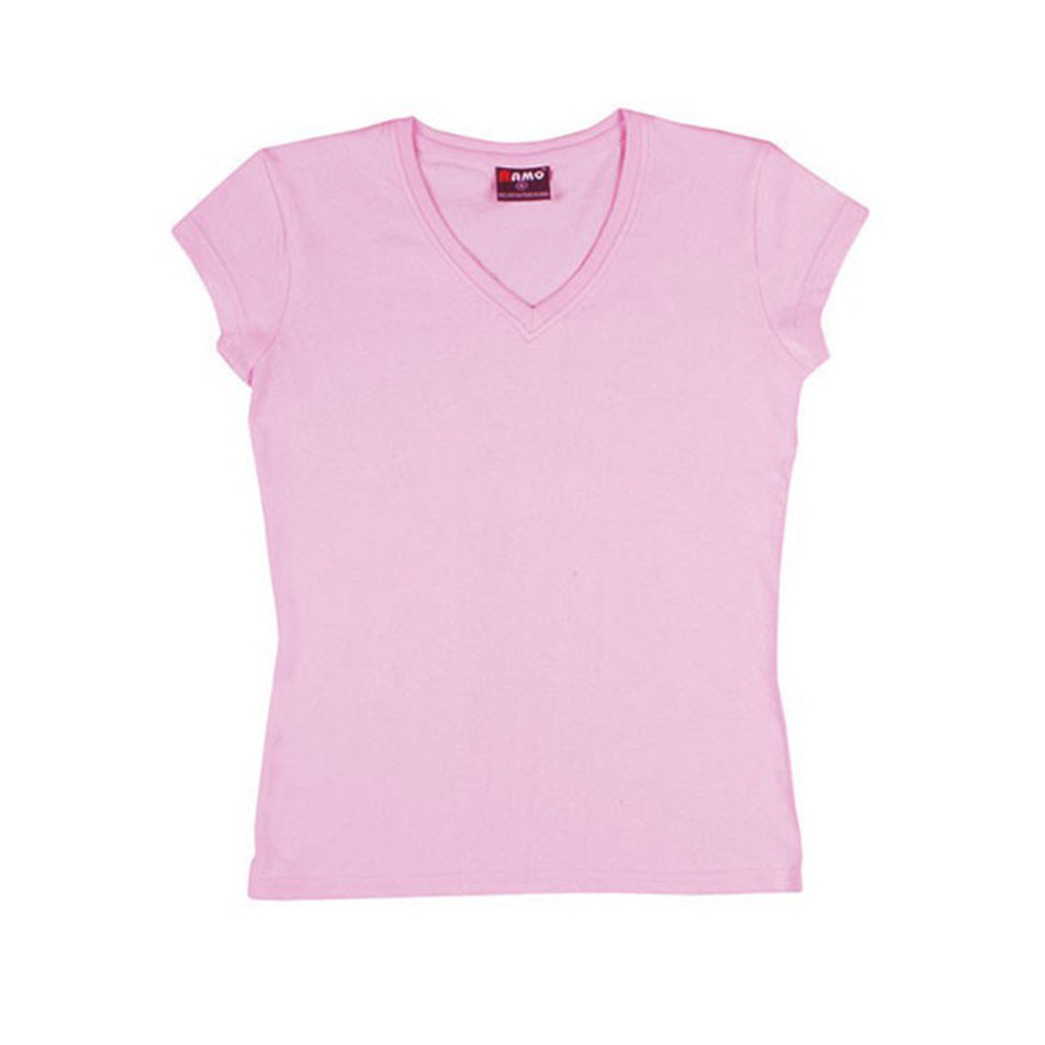 Light pink women's v-neck t-shirt with cap sleeves and fitted silhouette