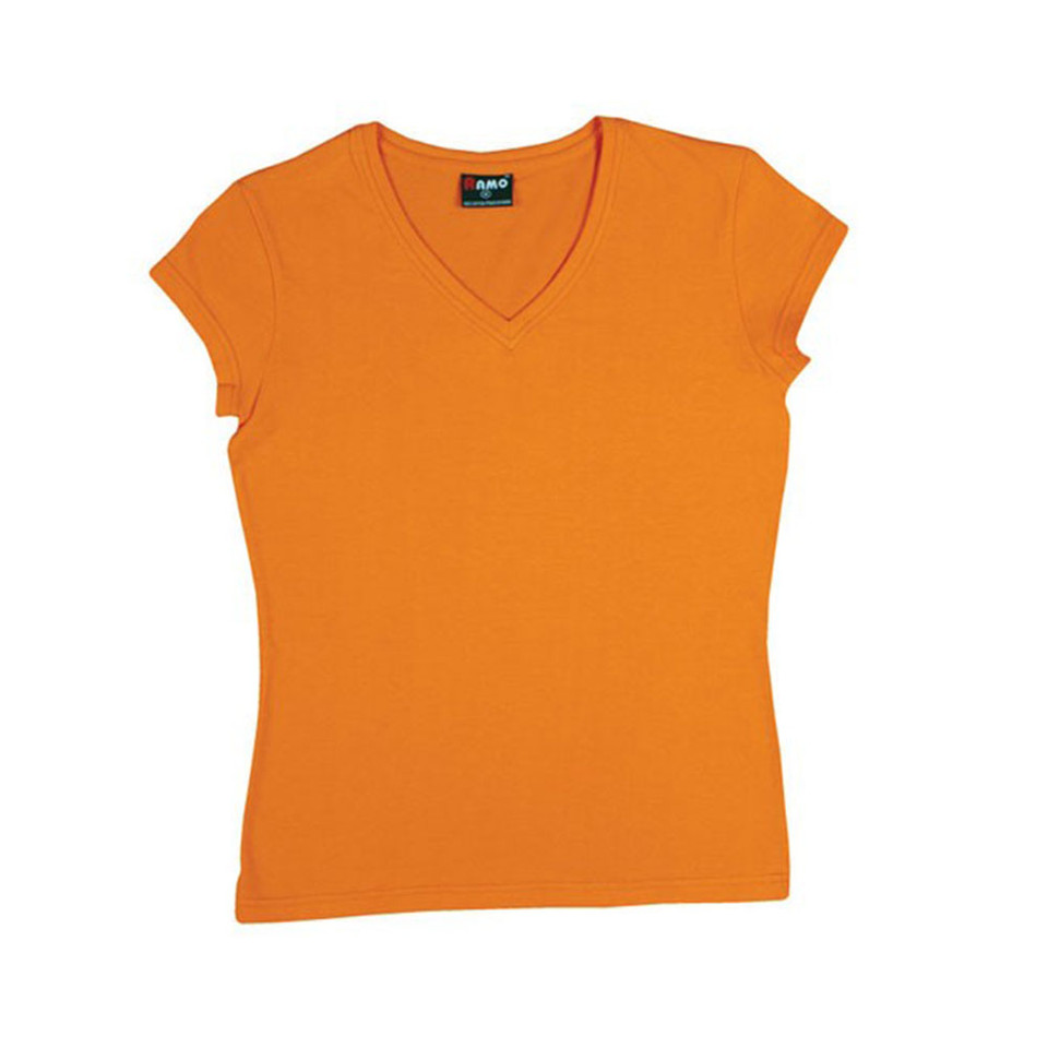Orange women's v-neck t-shirt with cap sleeves and slim fit silhouette