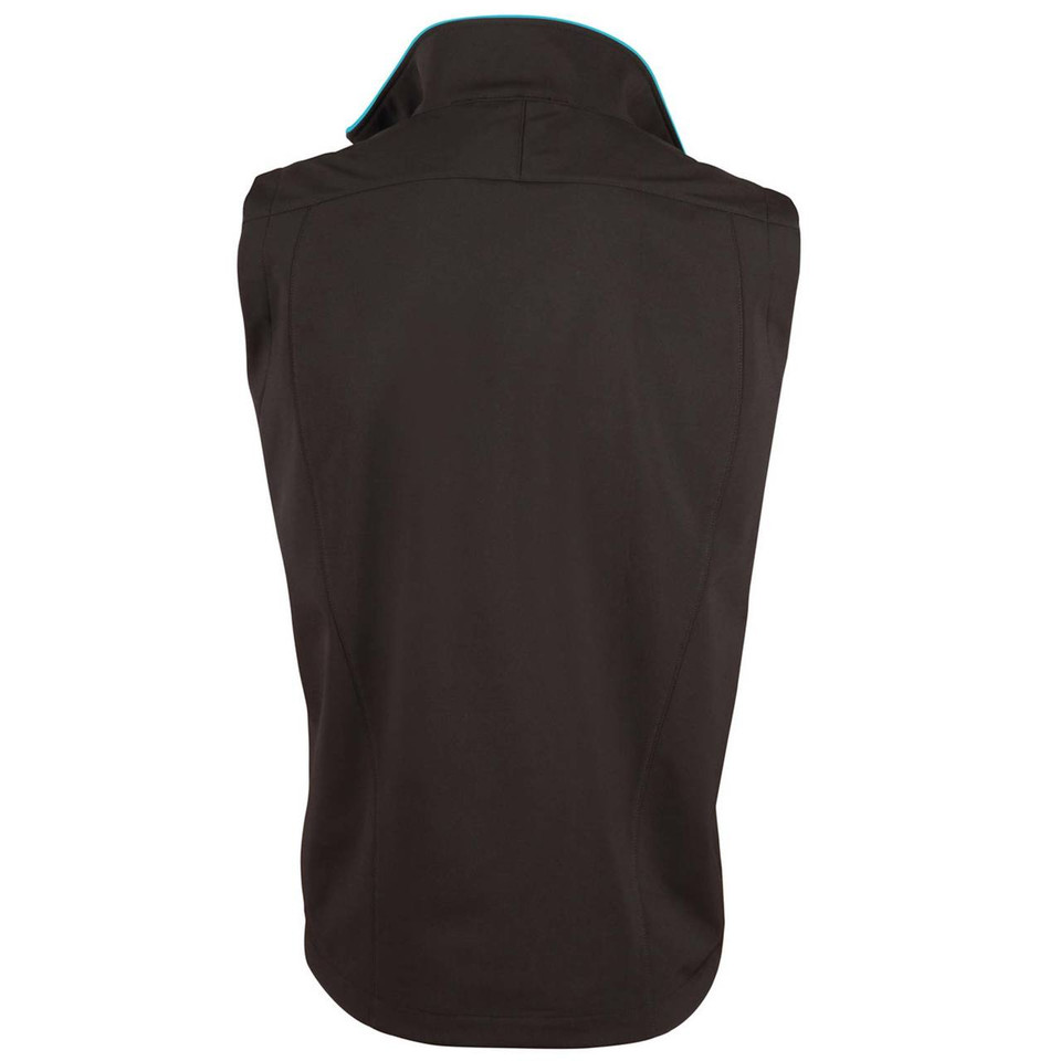 Black soft shell vest with teal contrast trim on collar and shoulders, rear view showing smooth back panel