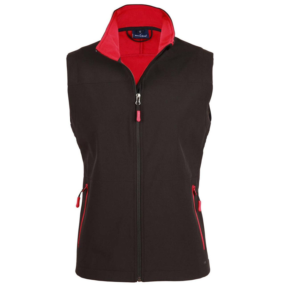 Black soft shell vest with red contrast inner collar and zipper details, featuring zippered side pockets