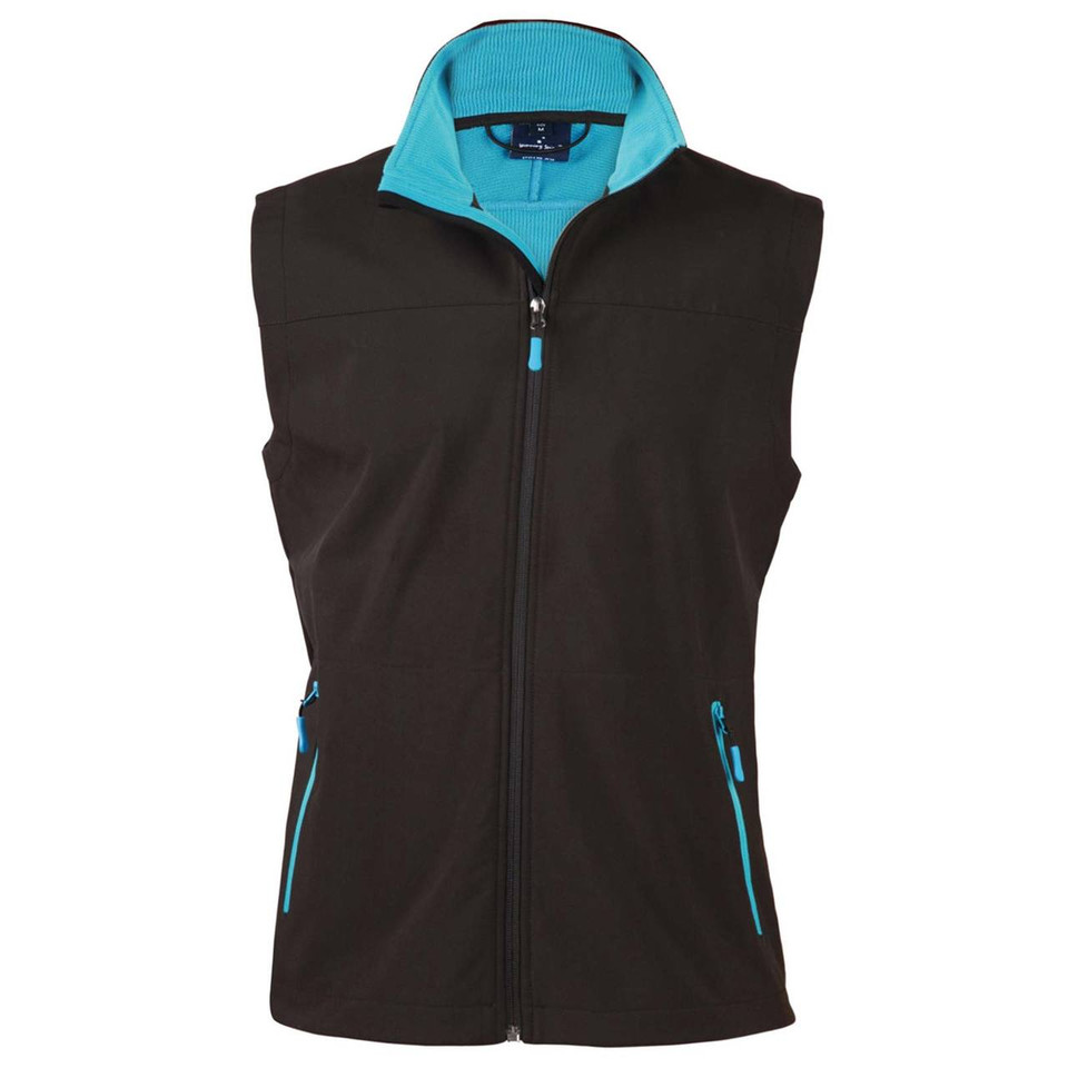 Black soft shell vest with cyan blue contrast collar, zipper and pocket trims