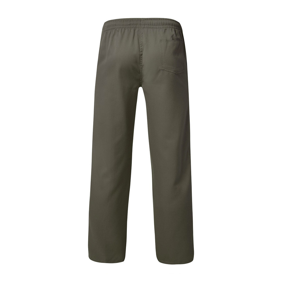Olive green boys senior high long pants rear view showing elastic waistband and back pocket