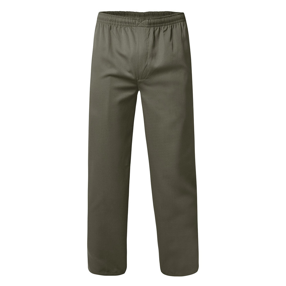 Olive green senior boys long pants with elasticated waistband, straight leg, flat-front packshot