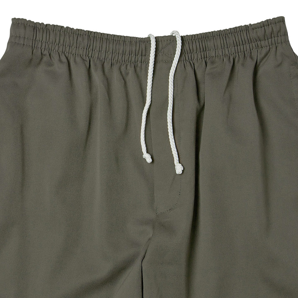 Olive green boys senior high long pants with elasticated waist and white drawstring cord