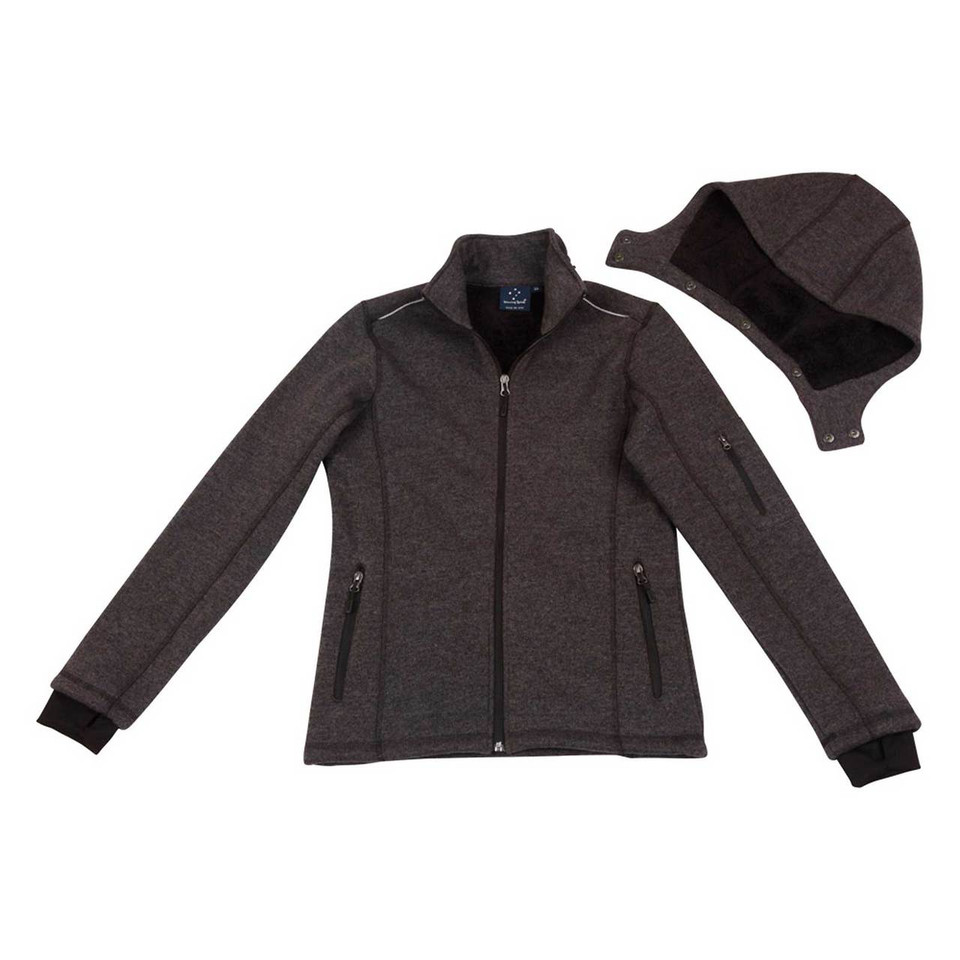 Charcoal heather fleece jacket with black collar trim and detachable hood shown separately