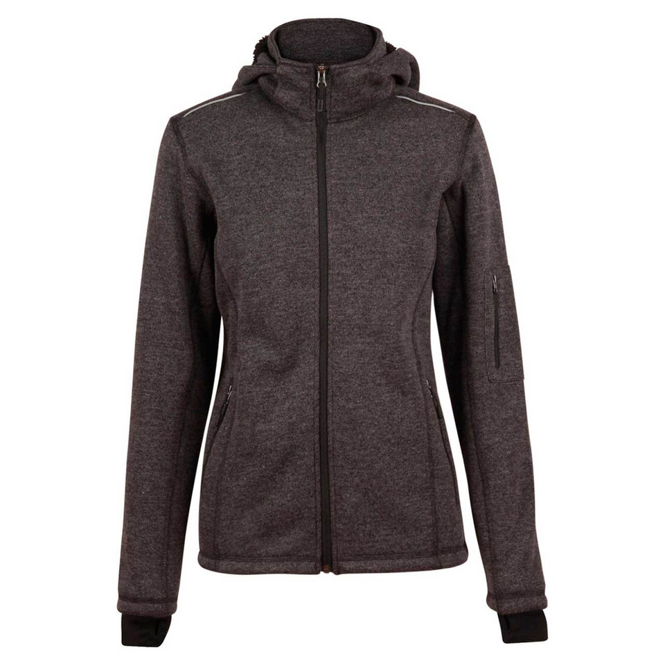 Charcoal heather fleece jacket with detachable hood, full zip front, and sleeve pocket detail