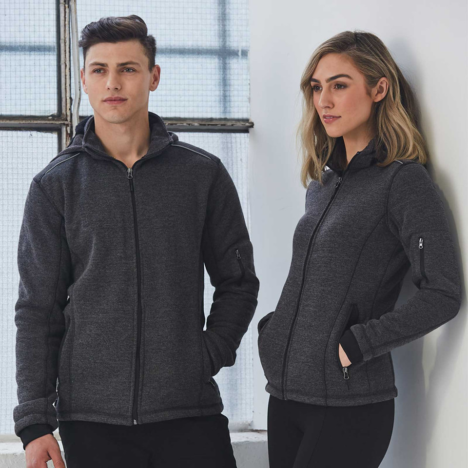 Charcoal heather fleece jacket with detachable hood, zip front, side pockets and contrast black sleeve panel