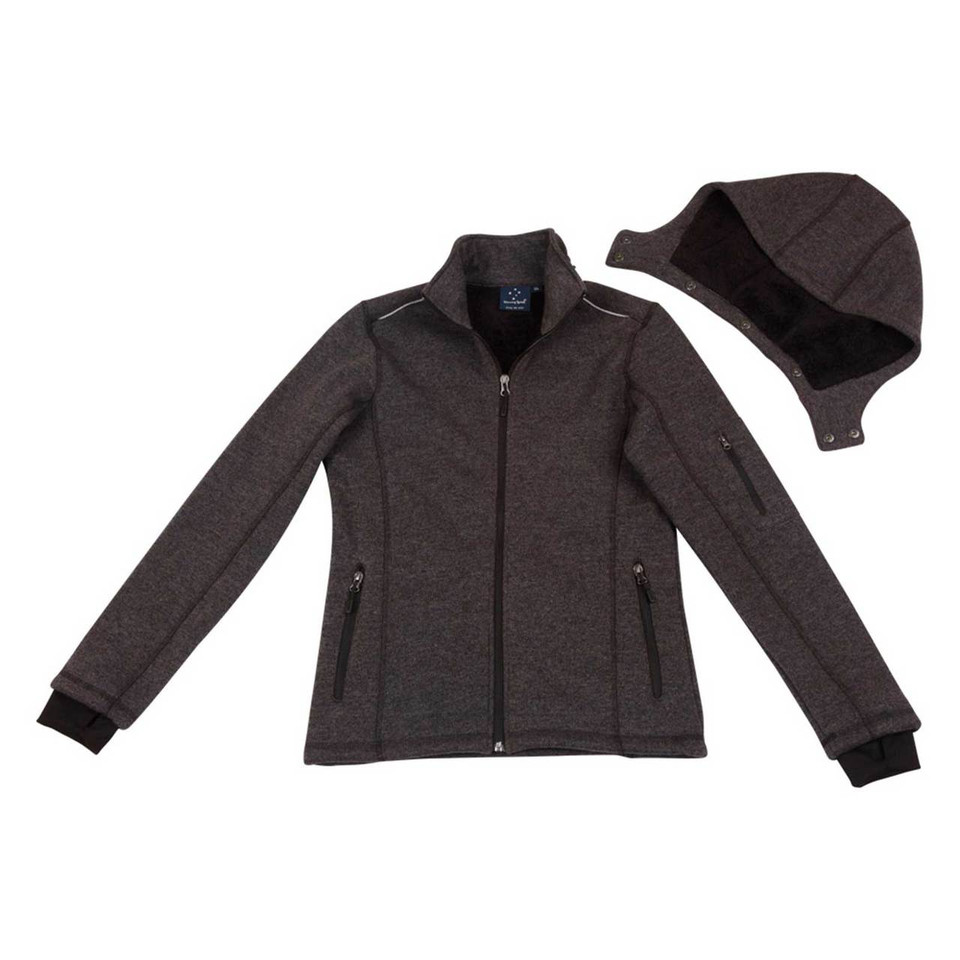 Charcoal heather fleece jacket with black contrast collar, cuffs and zip pockets, shown with detachable hood