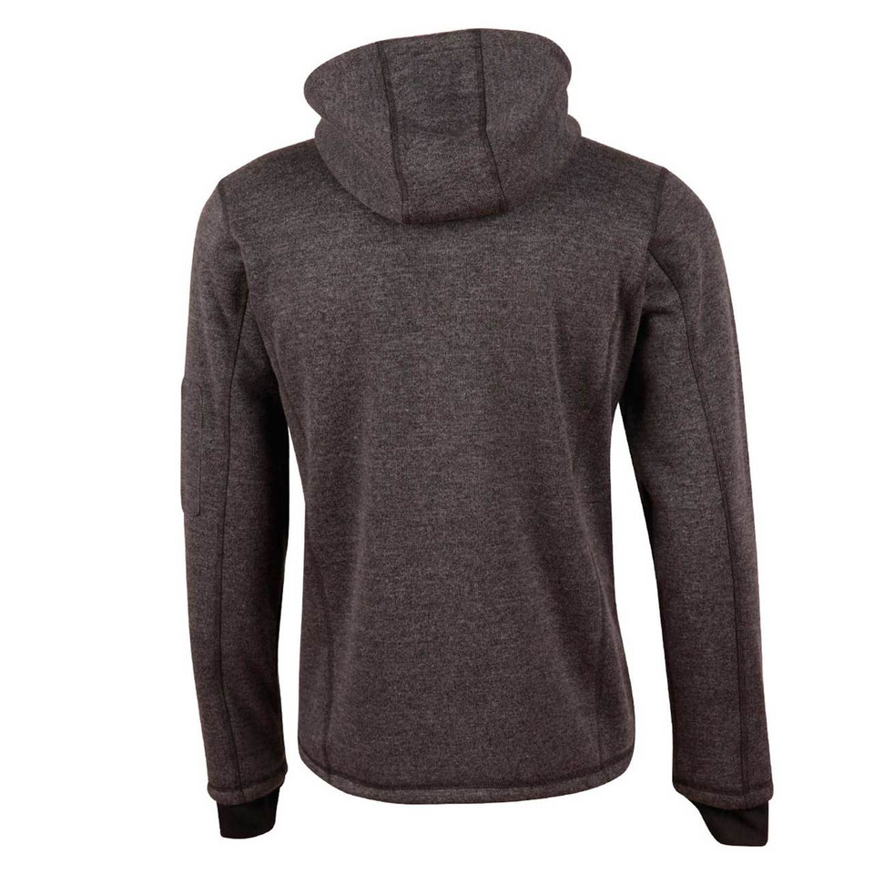Charcoal heather fleece jacket with detachable hood shown from back, ribbed cuffs and hem visible