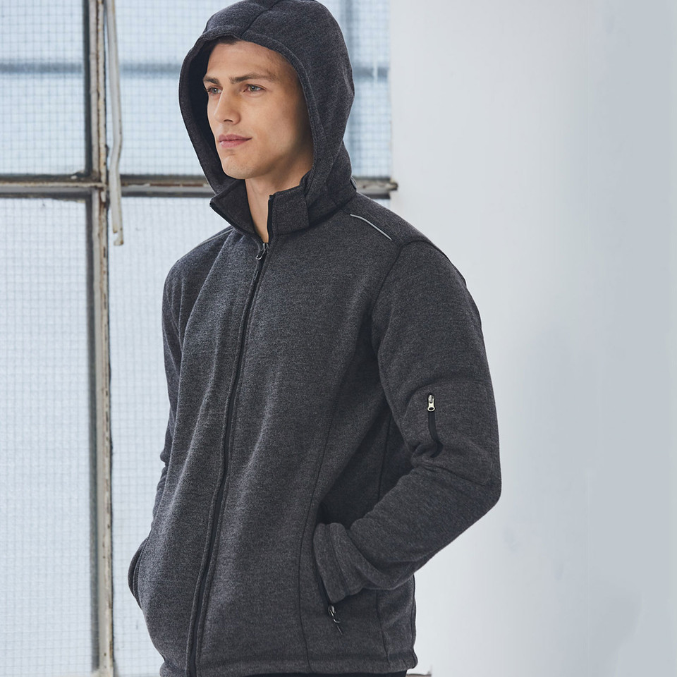Charcoal heather fleece jacket with detachable hood and sleeve zip pocket worn by man