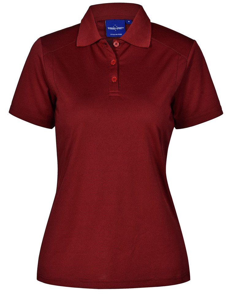 Ladies deep red short sleeve polo with three-button placket, structured collar and subtle textured fabric