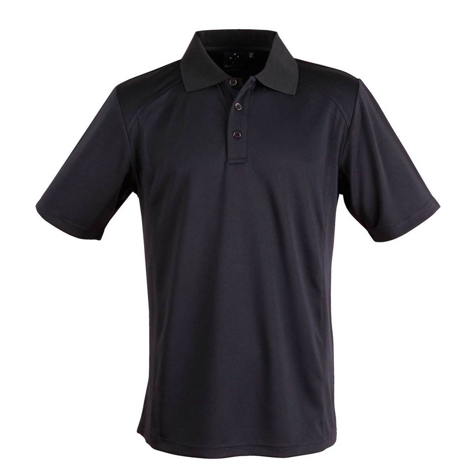Charcoal grey short sleeve polo shirt with matching collar and three-button placket