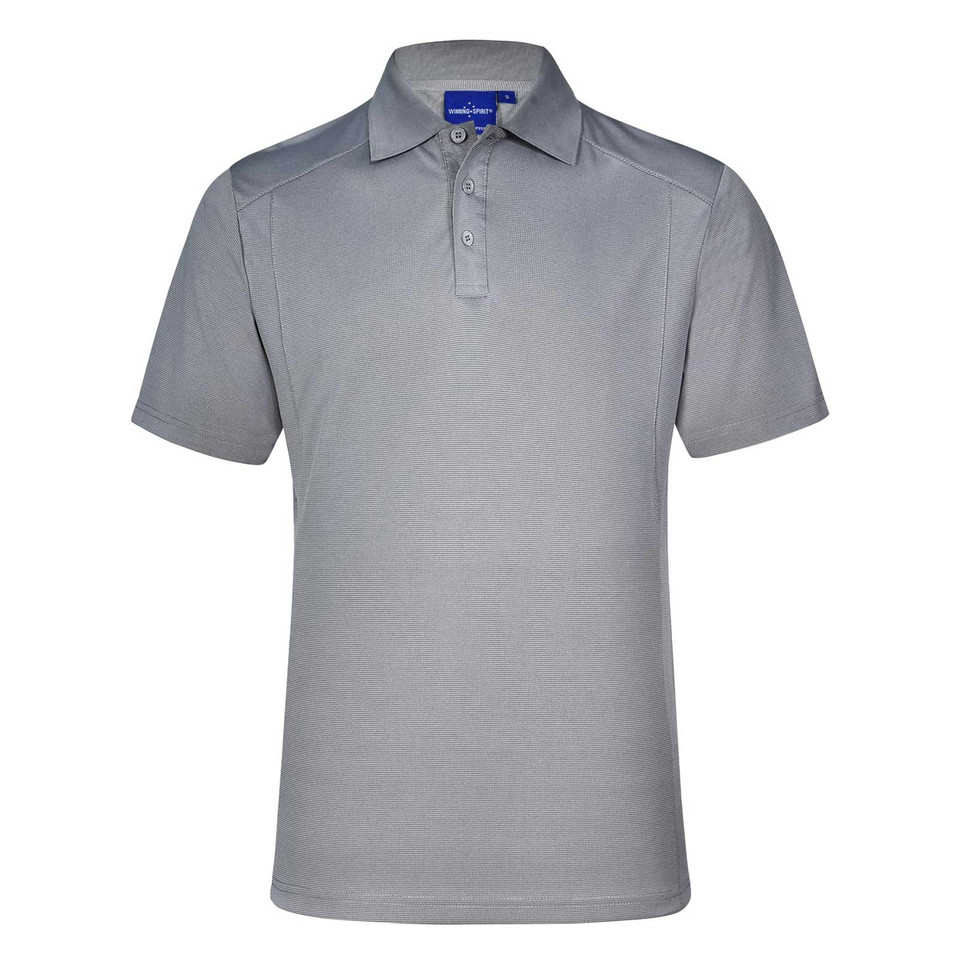 Grey bamboo charcoal polo shirt with contrast paneling on shoulders and button placket