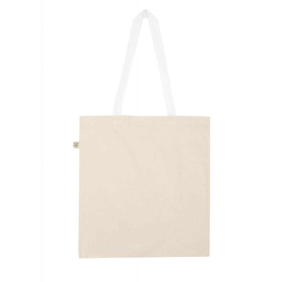 Natural organic cotton tote bag with white handles and flat print surface