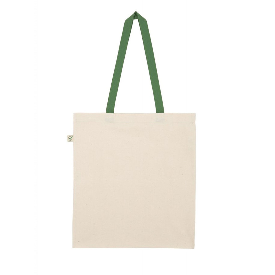 Natural cotton tote bag with sage green handles and flat print surface
