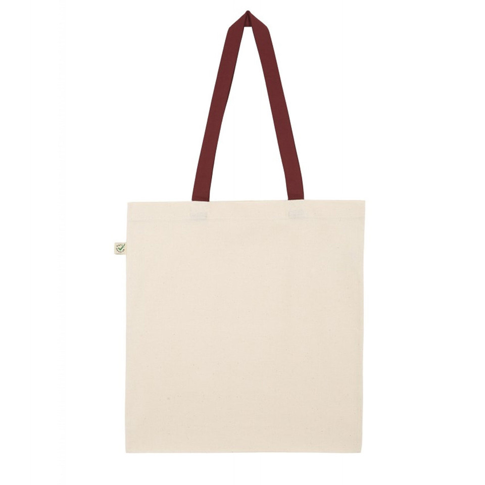 Natural cotton tote bag with burgundy handles and flat printable surface