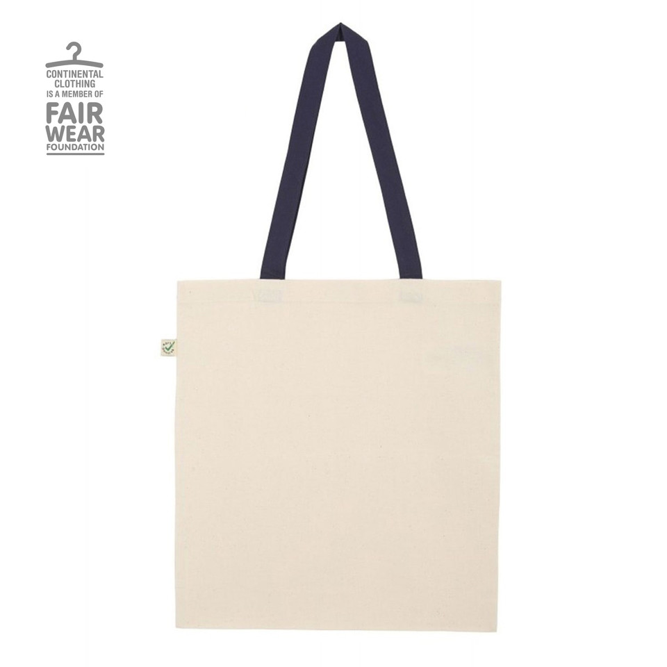 Natural cotton tote bag with contrasting navy handles and organic certification label
