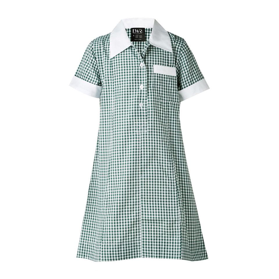 Green and white gingham check school dress with white collar, short sleeves, and chest pocket with contrasting trim
